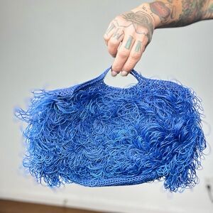 Vintage Retro Blue Woven Crochet Nylon Loop Fringe Purse Clutch Handbag